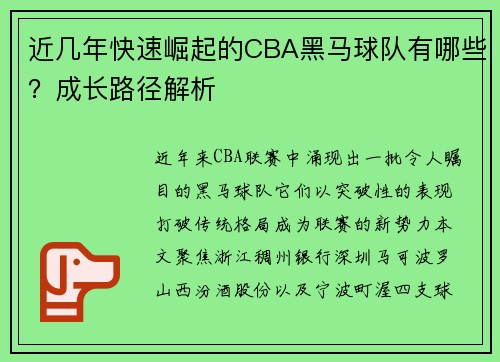近几年快速崛起的CBA黑马球队有哪些？成长路径解析