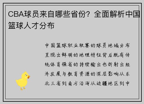 CBA球员来自哪些省份？全面解析中国篮球人才分布